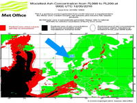Mapa sopečného prachu z 12. mája. Červenou sú označené miesta, kam môže popol zasiahnuť. Čierna farba zobrazuje predpokladanú koncentráciu popola, ktorá presahuje stanovené normy. 