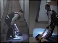 Policajtka tiahne spútanú ženu Policajtka tiahne spútanú ženu