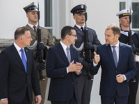 Na snímke premiér Igor Matovič (vľavo) a poľský premiér Mateusz Morawiecki (vpravo) počas prehliadky čestnej stráže pred bilaterálnym stretnutím, ktoré sa konalo pred summitom premiérov krajín V4