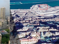 Vľavo vidieť jednu z menších explózií a vpravo lokalitu, kde k nej došlo.
