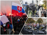 Protestujúci pred Úradom vlády SR počas neohlásenej protivládnej demonštrácie Protestujúci pred Úradom vlády SR počas neohlásenej protivládnej demonštrácie