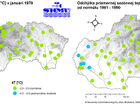 Odchýlka priemernej mesačnej/sezónnej teploty vzduchu v januári 1979 (vľavo) a za zimu 1978/1979 (vpravo) od normálu 1961 – 1990 na meteorologických staniciach na Slovensku