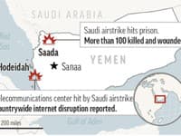 Na mape dve lokality leteckých náletov vojenskej koalície vedenej Saudskou Arábiou v Jemene. 