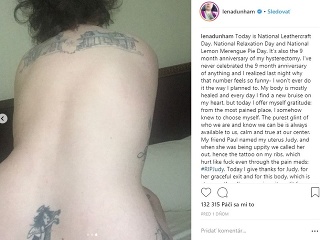 Lena Dunham zverejnila na instagrame nahé fotky a emotívny status. 