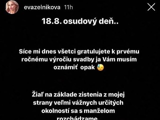 Eva Zelníková oznámila rozchod prostredníctvom Instagramu. 