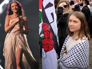 Izraelská speváčka Eden Golanová na Eurovision Song Contest 2024 v Malmö a švédska aktivistka Greta Thunbergová, ktorá protestuje proti jej účasti v súťaži