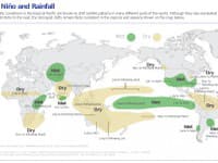 Regionálny rozsah dôsledkov javu El Niño na sezónne úhrny atmosférických zrážok (wet = nadnormálne vlhké podmienky; dry = nadnormálne suché podmienky) 