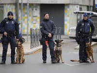 Belgickí policajti so psami hliadkujú neďaleko miesta, kde postrelili unikajúceho podozrivého extrémistu