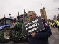 Na snímke muž drží transparent počas protestu farmárov proti plánovaným zmenám daňových pravidiel v Londýne.