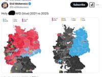 Výsledky hlasovania v parlamentných voľbách z roku 2021 a 2025. Východné Nemecko cez víkend jasne podporilo AfD