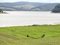 Kosenie zarasteného brehu z dôvodu nízkej hladiny vodnej nádrže Domaša - Valkov pri obci Bžany v okrese Stropkov