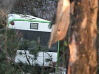 Snímka z havárie autobusu košickej mestskej hromadnej dopravy (MHD) linky č. 55, ktorý dostal šmyk a skončil mimo cesty v rokline.