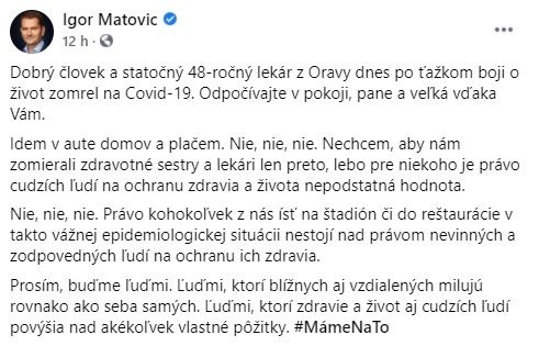 K úmrtiu lekára sa vyjadril aj premiér Igor Matovič a minister zdravotníctva Marek Krajčí.