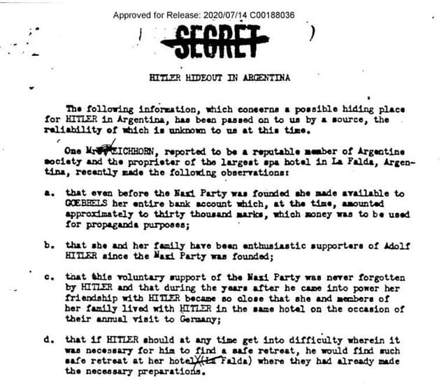 Október 1945: Odhalený spis ukazuje, že americkí agenti informovali FBI o možnom tajnom úkryte Adolfa Hitlera v kúpeľnom hoteli v La Falde v Argentíne.
