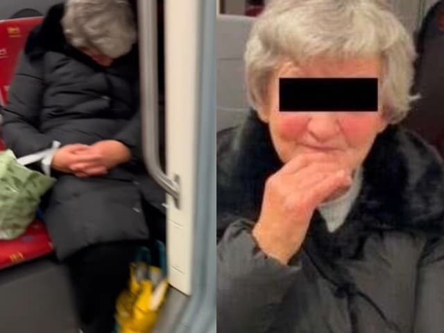 Babička bezdomovkyňa spí v