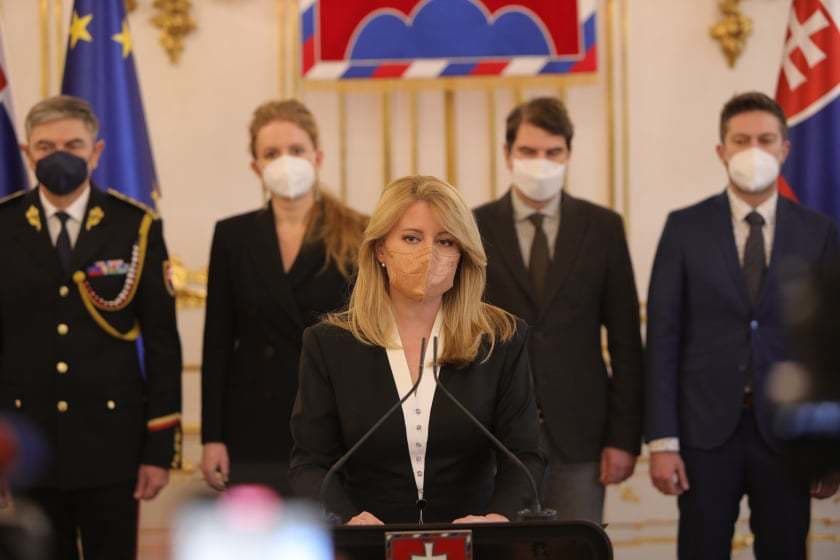 Prezidentka Zuzana Čaputová počas vyhlásenia v súvislosti s napätou situáciou na Ukrajine