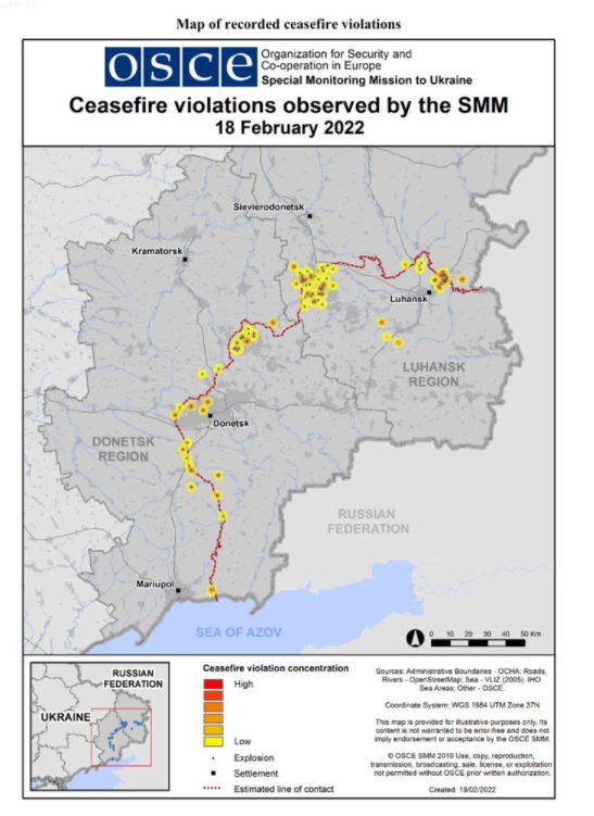 Mapa konfliktov na Ukrajine s frontovou líniou