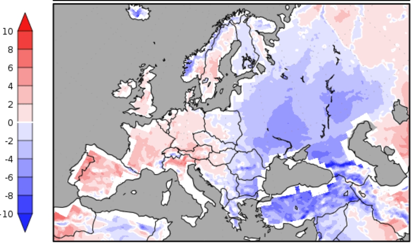Predpokladané teplotné odchýlky od dlhodobého priemeru v dňoch 5.-13. mája v Európe, podľa ktorých by chladnejší raz počasia mal prevládať vo východnej časti Slovenska