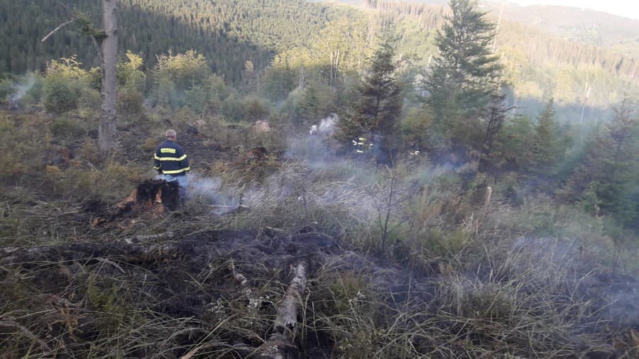 Hasiči zasahujú počas požiaru vojenského lesa v bývalom vojenskom obvode Javorina v Levočských vrchoch