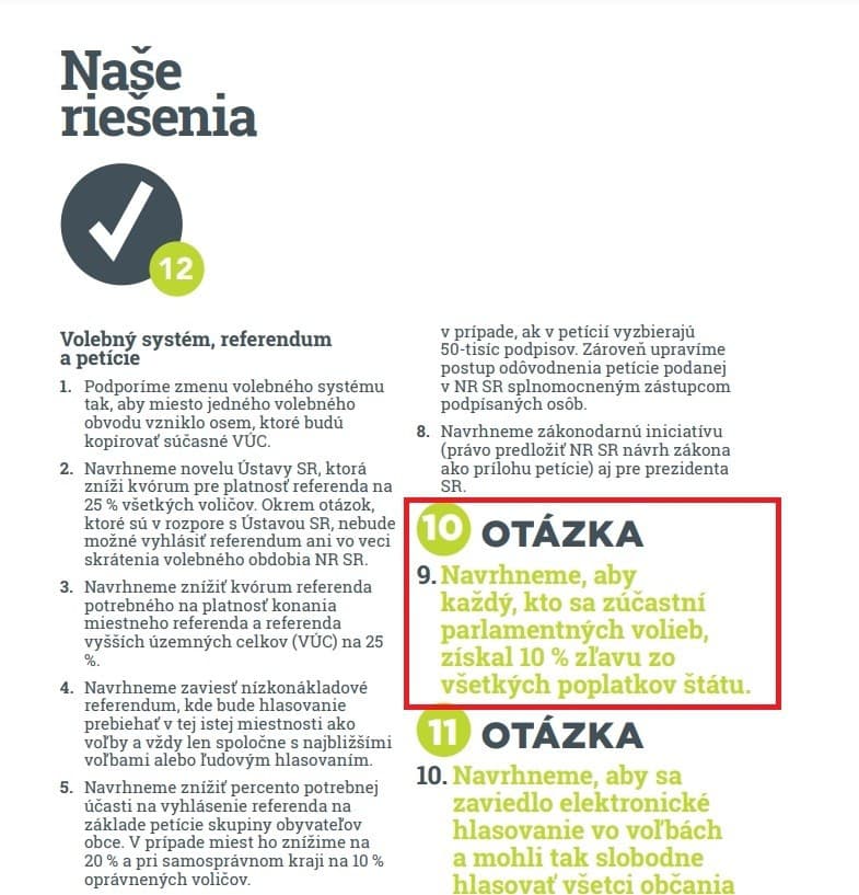 Obsah sľubov z predvolebného programu OĽaNO, medzi ktorými skutočne je 10-percentná zľava za volebnú účasť.