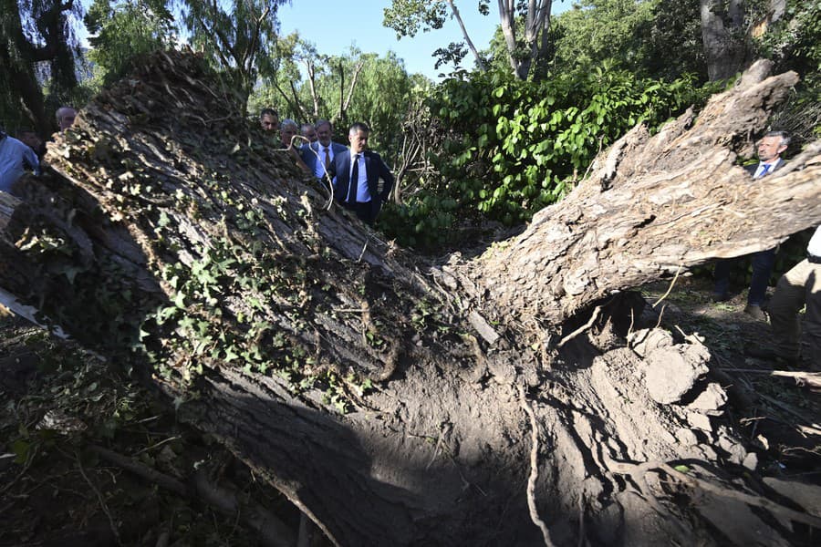 Francúzsky minister vnútra Gerald Darmanin sa pozerá na spadnutý strom v kempingu Sagone v Sagone na francúzskom stredomorskom ostrove Korzika.