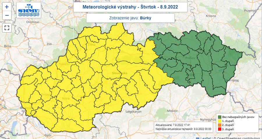 Na väčšine územia Slovenska sa môžu vo štvrtok poobede vyskytnúť búrky