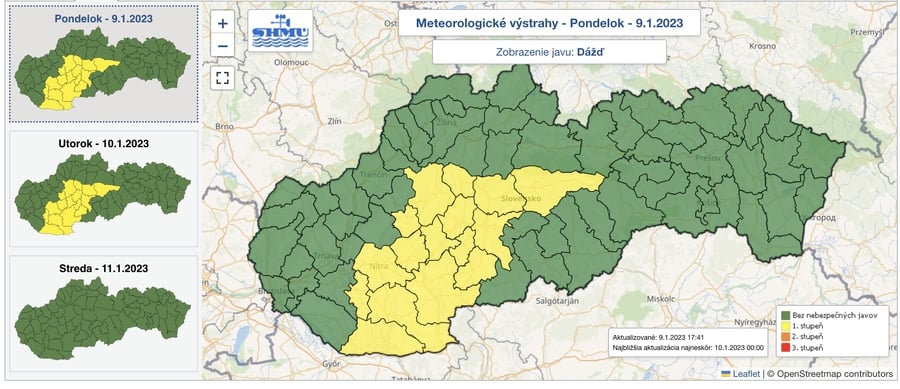 SHMÚ vydal pre viaceré okresy Slovenska výstrahu pred dažďom