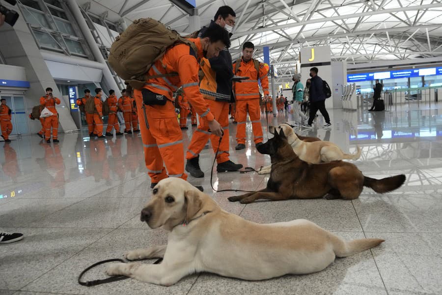 Členovia juhokórejského záchranárskeho tímu so psami sa pripravujú na odlet do Turecka