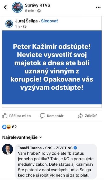 Zdieľaný status poslanca NR SR Juraja Šeligu.