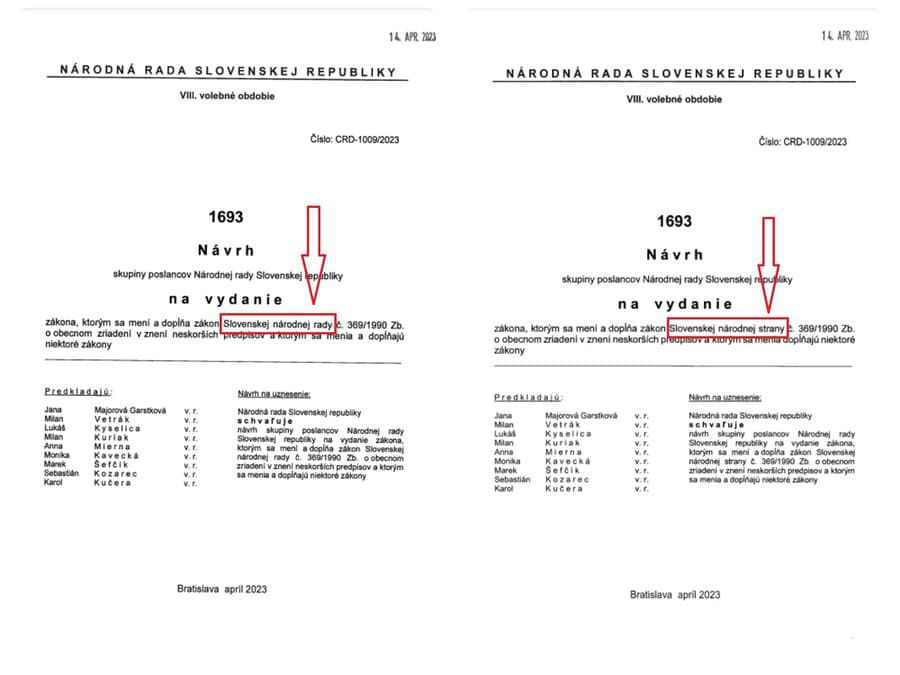 Návrh zákona v upravenej (vľavo) a v pôvodnej (vpravo) verzii.