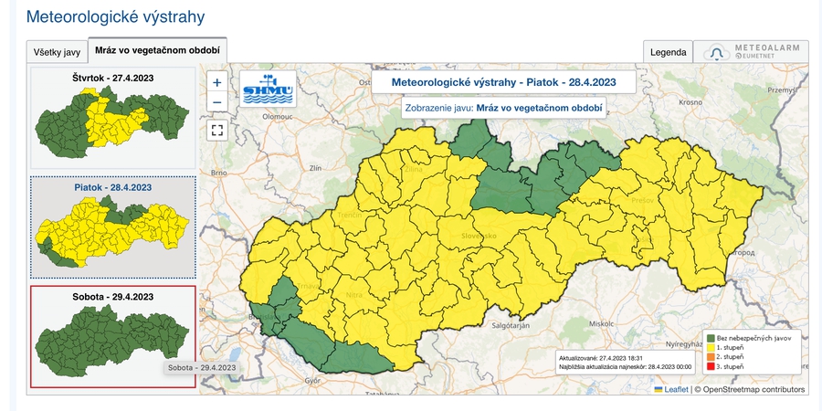 SHMÚ upozorňuje na nočný prízemný mráz na väčšine územia Slovenska