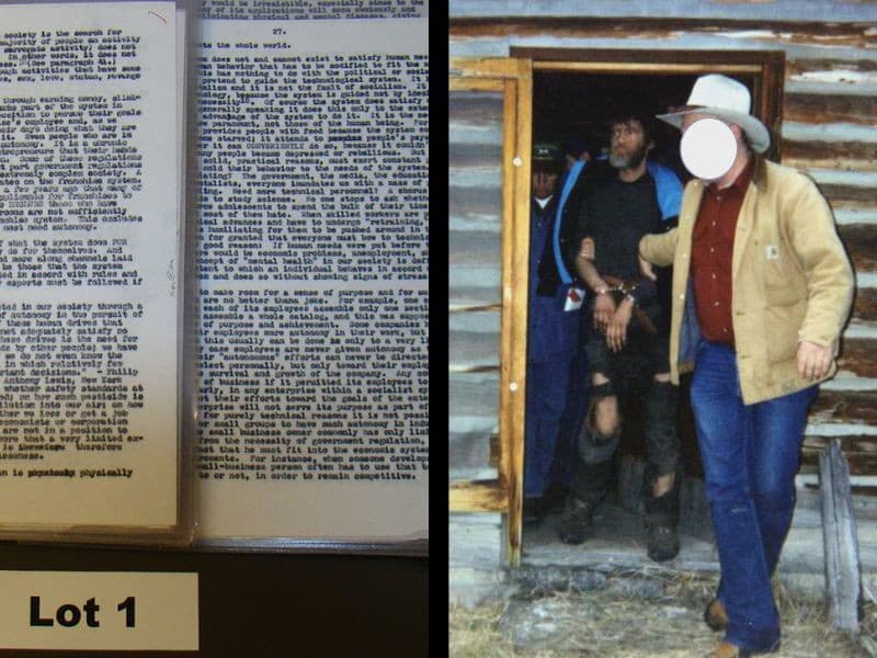 Vľavo: Manifest Teda Kaczynskeho, ktorý má 35 000 slov. Vpravo: Moment zatýkania UNABOMBERA z 3. apríla 1996, kedy ho FBI zadržala v jeho chatrči neďaleko Lincolnu v Montane. Foto: FBI