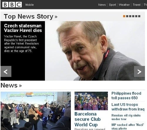 O smrti Václava Havla informuje aj portál britskej stanice BBC