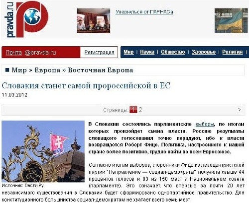 Slovensko budenajproruskejšou krajinou v EÚ, píše pravda.ru