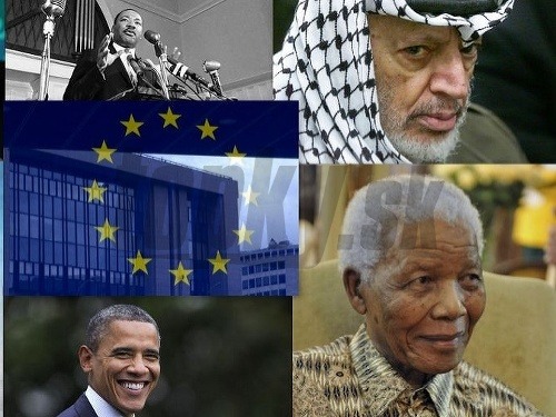 Držitelia Nobelovej ceny za mier - Martin Luther King, Jasir Arafat, Barack Obama a Nelson Mandela