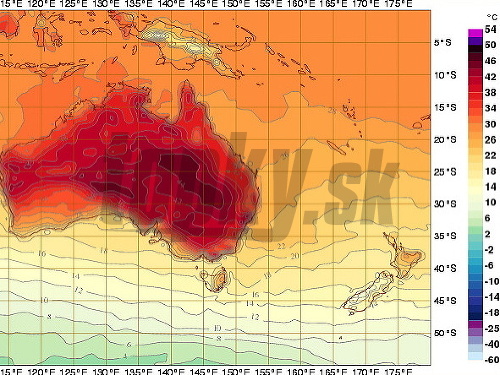 Austrálsky Meteorologický úrad pridal na svoju predpovednú mapu fialovú a purpurovú