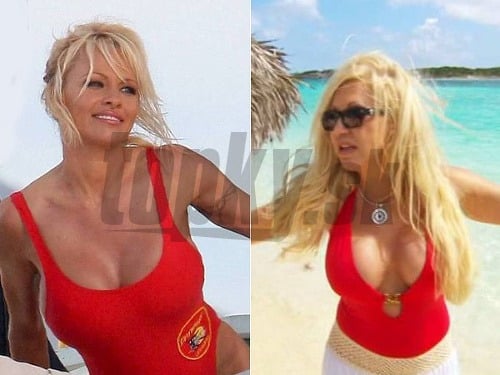 Pamelu Anderson (vľavo) strčila 48-ročná Carmen Geiss do vrecka. Na bahamskej pláži predviedla svoje nové silikóny v odvážnych plavkách.