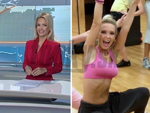Lucia Barmošová ako ju poznáme z televíznych obrazoviek (vľavo). Na fotografii z cvičenia je však vidno, že sa rozhodne nemusí hanbiť za svoju postavu.