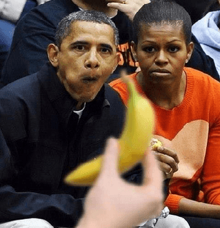 Fotomontáž. Barack Obama s manželkou Michelle a banán. 