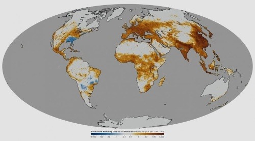 Mapa sveta znázorňujúca najviac znečistené ovzdušie