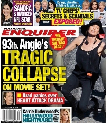 Angelina Jolie podľa titulnej strany magazínu National Enquirer odpadla a bojovala o život.