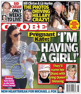 Titulná strana magazínu Globe, podľa ktorej je Kate Middleton opäť v druhom stave.