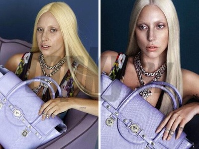Lady Gaga na fotkách pre reklamnú kampaň Versace pred retušou a po nej.