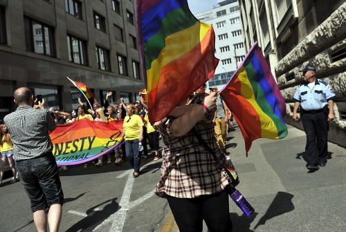 Účastníci pochodu za zrovnoprávnenie gejov, lesieb, bisexuálnych a transrodových ľudí a intersexuálnych ľudí pod názvom Dúhový PRIDE Bratislava 2014 pod heslom - Poď von s rodinou.