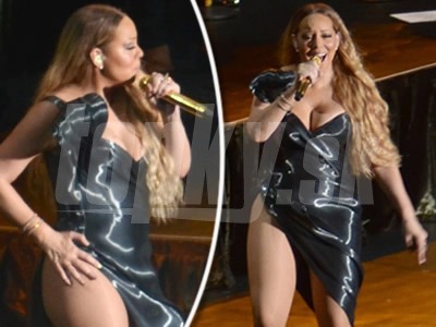 Mariah Carey vytasila bujný dekolt aj macaté stehná v poriadne odvážnej róbe.