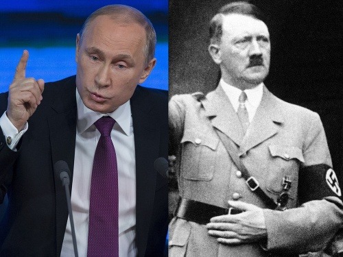 Ruský prezident Vladimír Putin a nemecký ríšsky kancelár Adolf Hitler.