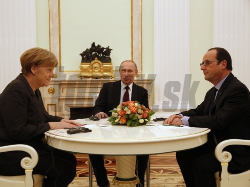 Vladimir Putin, Francois Hollande a Angela Merkelová