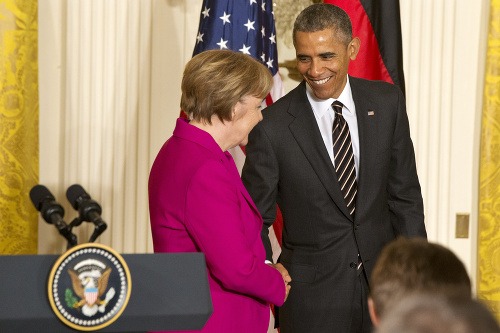 Angela Merkelová a Barack Obama počas tlačovej konferencie