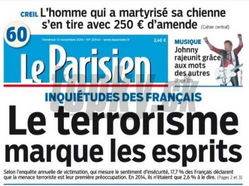 Takto vyzerala titulka francúzskeho denníka Le Parisien v piatok 13. novembra.