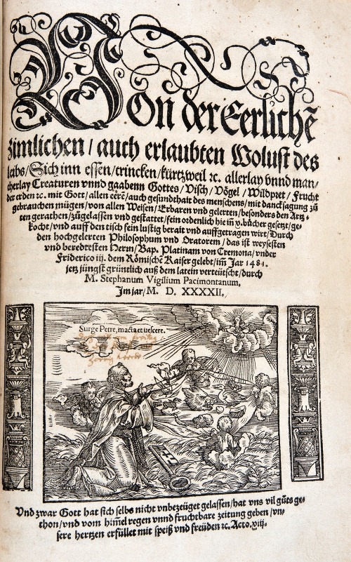 De honesta voluptate et valetudine (o pôžitku a zdraví), Augsburg, 1542. Kniha bola preložená do viacerých jazykov a do fondov SNK sa dostala vďaka šľachtickej knižnici rodu Zaiovcov (sign.: Zay 4950, prív. 2.).